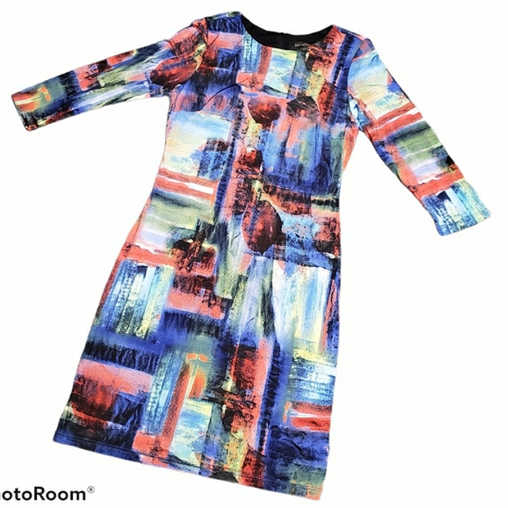 Karen Kane Dress Bodycon Abstract Cocktail Art 2 Wear 3/4 Sleeves Professional M
